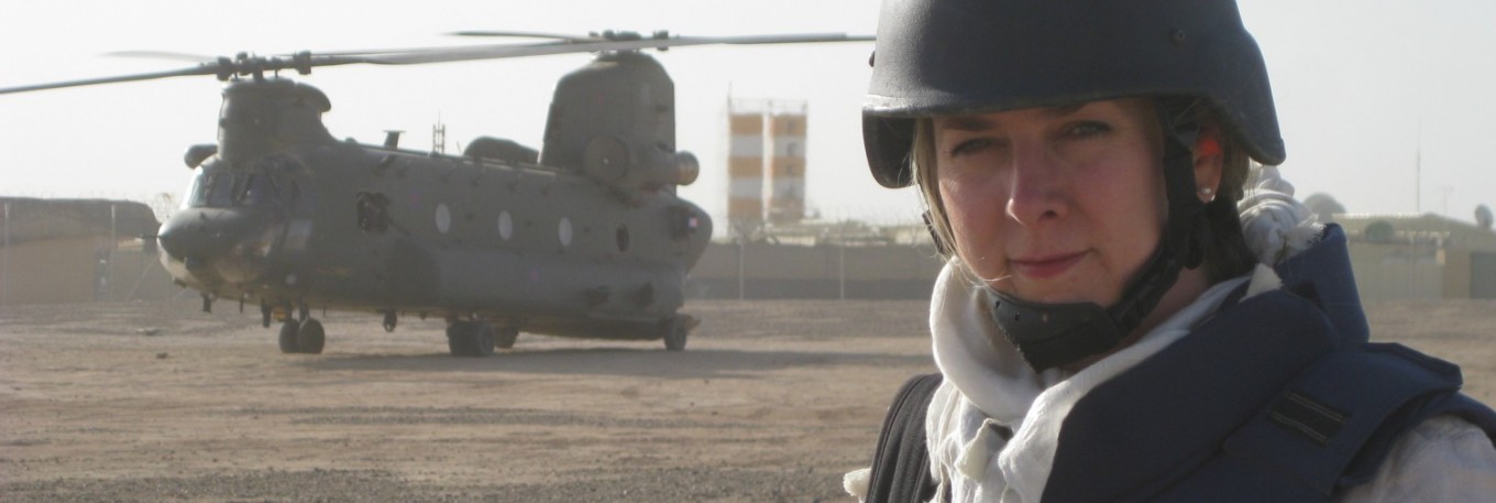 Caroline Wyatt waiting for a Chinook in Helmand, Afghanistan, April 2013